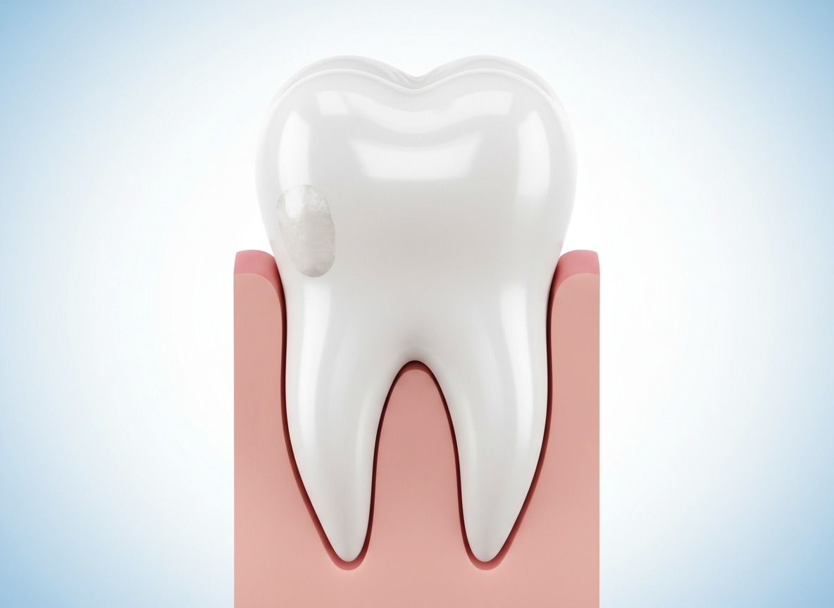 Early-stage cavity on a tooth with white spots and enamel demineralization