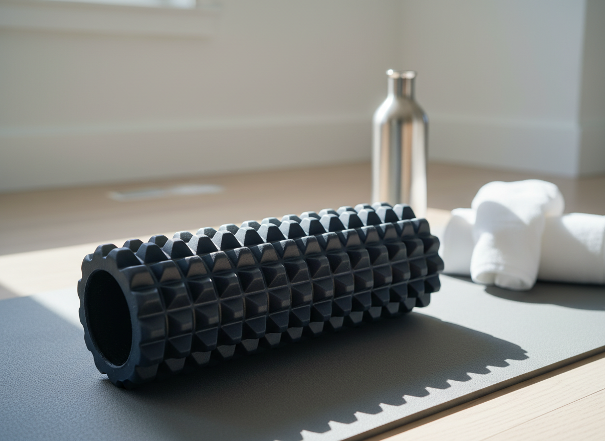 Massage roller on yoga mat for muscle recovery and wellness