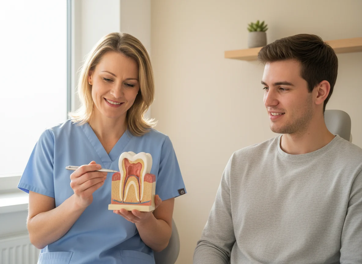 do root canals hurt dentist explaining painless root canal procedure to patient