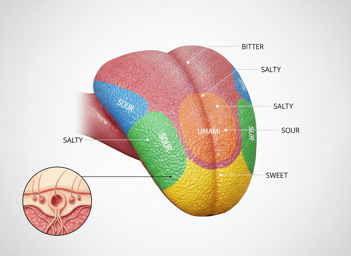 Diagram of taste buds on the tongue showing salty, sweet, sour, bitter, and umami taste zones