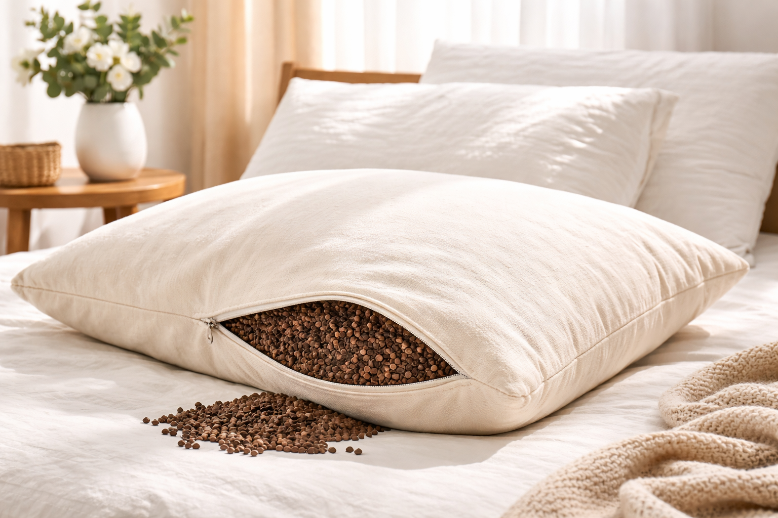 Eco-friendly buckwheat pillow on bed for better sleep and neck support