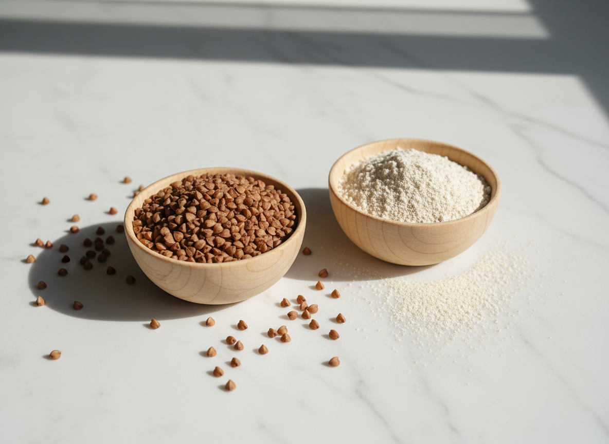 Is buckwheat gluten free – buckwheat groats and flour on kitchen table