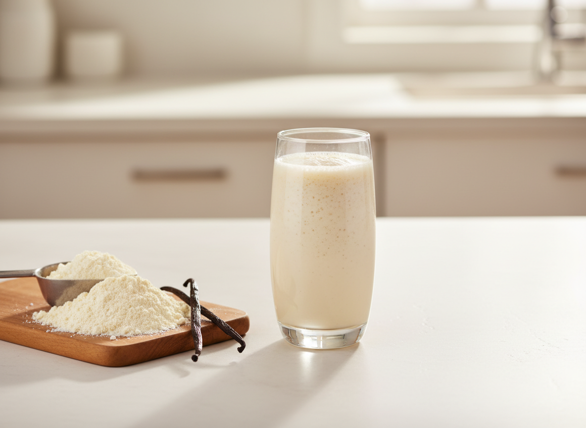 Vanilla protein powder with smoothie and vanilla flower for health, fitness, and nutrition
